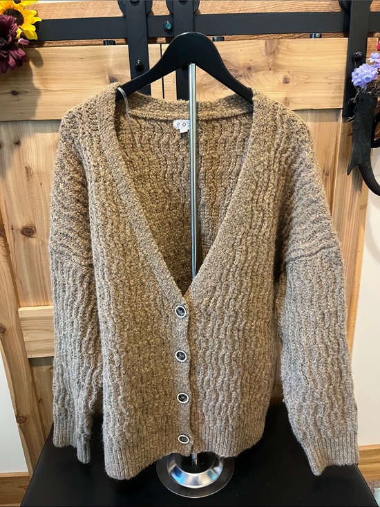 POL Sweaters - POL Taupe Textured V‑Neck Cardigan with Front Buttons